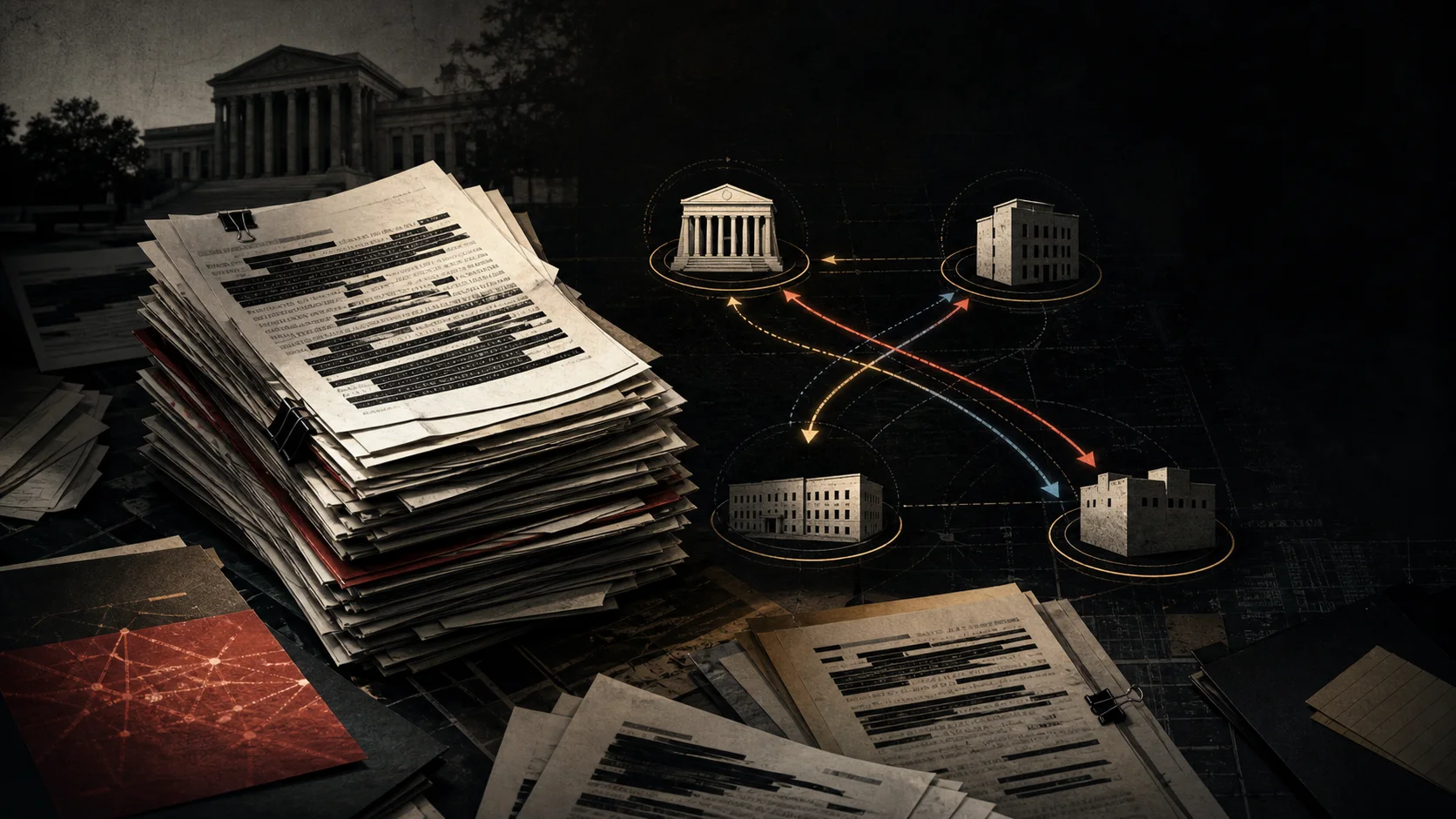 Editorial illustration of a redacted email production and document routes among public offices